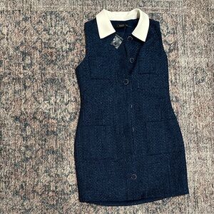 Vici Textured Navy Dress with Cream Collar